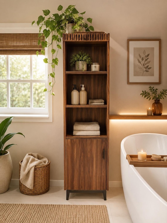 Tall Bathroom Storage Cabinet, Fluted Linen Tower, Narrow Organizer, Slim Freestanding Shelf with Door for Kitchen, Living Room, Laundry