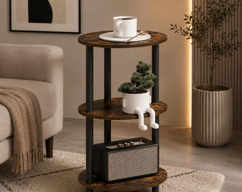3-Tier Oval End Table, Modern Bedside Table with Open Storage Shelves, Nightstand for Bedroom, Living Room & Small Spaces, Amber Pine/Black