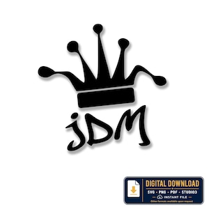 May include: A black graphic design featuring a stylised crown with five points, each topped with a small circle, positioned above the letters JDM in a bold, hand-drawn font. A rectangular box in the corner displays the text DIGITAL DOWNLOAD.