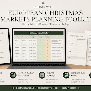Op de afbeelding: Een digitale Europese kerstmarkten planning toolkit 2026 editie weergegeven op een laptopscherm, een tablet en geprinte vellen. De inhoud bevat een marktvinder-tabel, een 10-daags reisschema, een budgetplanner en een inpaklijst.