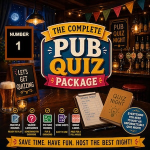 Könnte beinhalten: Ein komplettes Pub-Quiz-Paket mit einer zentralen Grafik mit dem Text The Complete Pub Quiz Package, einem Bewertungsbogen, einem Quiz Night-Notizbuch, einem Glas Bier, einer Kerze und Symbolen für Runden, Kategorien und Bingokarten.