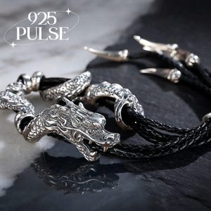 925 Sterling Silver Dragon Bracelet Leather Rope Wrap Cuff Mens Statement Gift for Him