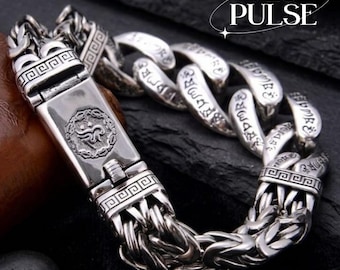Pulsera cubana de plata de ley 925 con mantra de seis caracteres: símbolo de paz espiritual, diseño unisex.