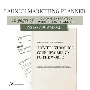 Peut inclure: Un planificateur marketing intitulé LAUNCH MARKETING PLANNER avec 35 pages de conseils, stratégie, feuilles de travail et planification. La couverture indique MARKETING LAUNCH STRATEGY WORKBOOK: HOW TO INTRODUCE YOUR NEW BRAND TO THE WORLD, avec AV by Alyssa Wahlman.
