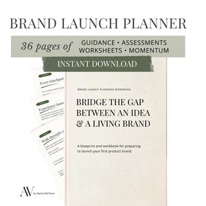 Op de afbeelding: Een merk-lanceerplanner met 36 pagina's aan begeleiding, beoordelingen, werkbladen en momentum. De tekst op de omslag luidt: Brand Launch Planning Workbook, Bridge the Gap Between an Idea & a Living Brand en een blauwdruk voor je merk.