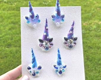 Gemas faciales con forma de cuerno de unicornio, mezcla Crepúsculo, 6 piezas autoadhesivas, hechas a mano en EE. UU.