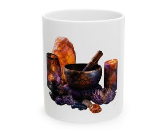 Taza de cerámica con diseño de velas y caldero de bruja