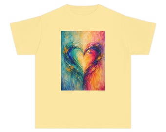 Camiseta juvenil con corazón abstracto y colorido / Obra de arte de amor con pinceladas de arcoíris