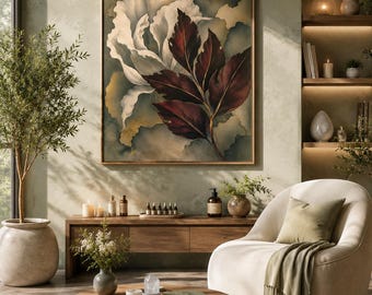 静かな癒しの植物画ウォールアート – 暗い癒しの葉と柔らかなプリント