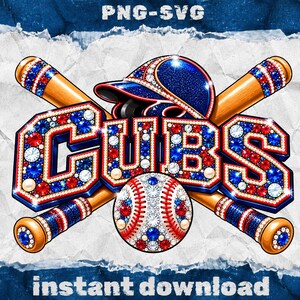 Puede incluir: Un gráfico digital que presenta el texto CUBS en letras de bloque, una gorra de béisbol y una pelota de béisbol, todos adornados con pedrería roja, blanca y azul. Dos bates de béisbol de madera cruzados están decorados con pedrería a juego.
