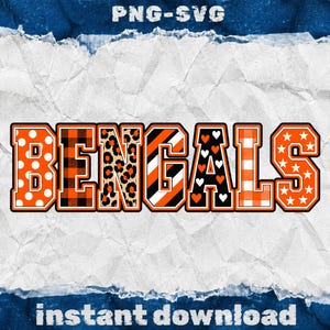 Op de afbeelding: Een digitaal grafisch ontwerp met het woord BENGALS in dikke blokletters. Elke letter toont een uniek patroon, waaronder witte stippen, oranje en zwart ruitpatroon, luipaardprint, diagonale strepen, zwarte hartjes en witte sterren.