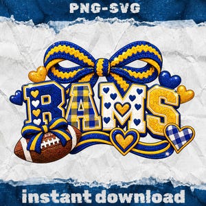 Pode incluir: Um design gráfico digital com a palavra RAMS em letras de bloco azuis e amarelas com padrões de corações e texturas xadrez. Um grande laço azul e amarelo fica acima do texto e uma bola de futebol americano castanha está no canto inferior.