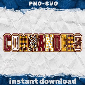 May include: A digital graphic design featuring the word COMMANDERS in block letters. Each letter displays a unique pattern including red glitter, football textures, yellow and black plaid, leopard print, and yellow polka dots on a white background.