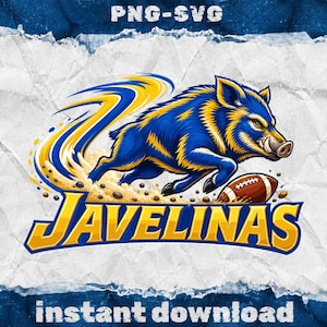 Op de afbeelding: Een grafische illustratie van een aanstormende blauwe en gele pekari met een bruine football, voorzien van de tekst JAVELINAS in dikke gele letters op een achtergrond van verkreukeld wit papier met PNG-SVG tekst aan de bovenzijde.