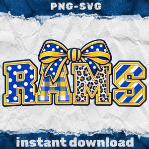Puede incluir: Un diseño gráfico digital que presenta la palabra RAMS en letras de bloque con patrones variados que incluyen lunares blancos, cuadros azules y amarillos, estampado de leopardo y rayas diagonales, rematado con un gran lazo de lunares azul y amarillo.