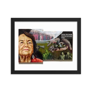 May include: A collage artwork featuring a portrait of a woman with a red scarf and a quote: "Honor the hands that harvest your crops."