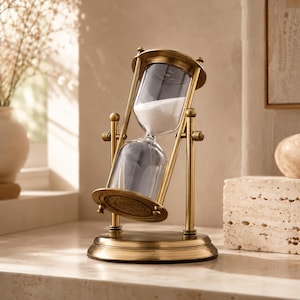 Könnte beinhalten: Eine Sanduhr mit einem metallischen, messingfarbenen Rahmen und einem drehbaren zentralen Glaskolben. Das Glas enthält weißen Sand, der sich in der oberen und unteren Kammer befindet. Der Sockel weist ein kreisförmiges, graviertes Design auf.
