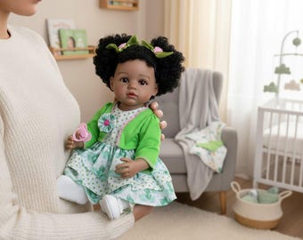 Reborn Toddler Doll, 22 Inch Black Full Vinyl Baby Girl with Rooted Curly Hair, Poseable Body