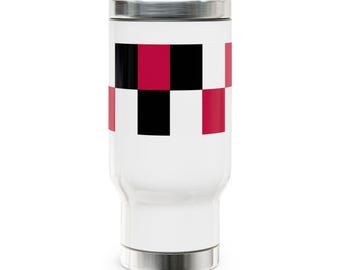 Taza de viaje de acero inoxidable de 414 ml (14 oz) con diseño de bloques a cuadros rojos y negros y asa.
