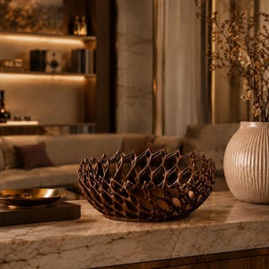 Puede incluir: Un cuenco decorativo de bronce oscuro con un intrincado diseño de celosía calada que recuerda a una serie de pétalos puntiagudos interconectados. El cuenco tiene una base redondeada y un borde ancho y festoneado de aspecto orgánico.