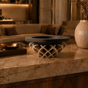 Puede incluir: Un cuenco decorativo con un borde superior circular negro mate y una base de color beige claro con patrón de celosía. La estructura consiste en un diseño abierto tipo rejilla que sostiene el cuenco oscuro sólido, creando un contraste visual.