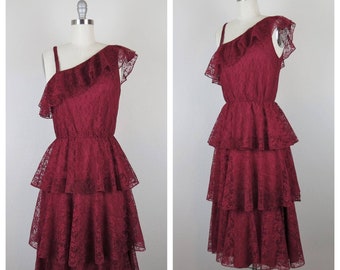 Vintage 1970s formal dress, one shoulder, tiered, lace, prom, cocktail, evening