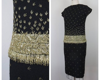 Vintage 1950s knit dress set skirt and matching top beaded evening cocktail semi-formal 2 piece separates fall fashion