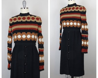 Vintage 1970s knit dress crochet mini mod button front skirt Saks Fifth Avenue