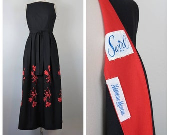 Vintage 1970s maxi dress, Swirl wrap, embroidered floral border print, NWT, deadstock, pockets