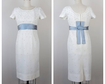 Vintage 1950s wiggle dress white linen rhinestones courthouse wedding cocktail evening semi formal something blue