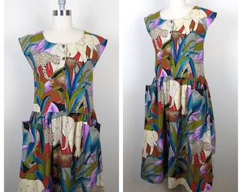 Vintage 1980s bold print dress tropical animal safari Disneyland cotton