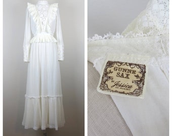 Vintage 1970s Gunne Sax dress maxi high neck ruffle lace prairie Victorian cottagecore wedding