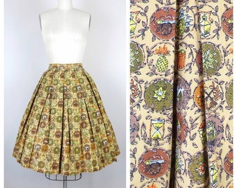 Vintage 1950s cotton novelty print skirt fit and flare Americana folk art autumnal fall colors