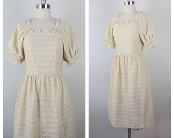 Vintage 1970s knit dress, Leslie Fay, puff sleeves, peasant, pointelle