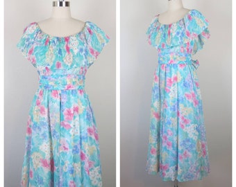 Vintage 1980s floral dress, Lanz, pastel, cottage, pleated, ruffle neck, medium