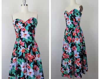 Vintage 1980s floral strapless dress, cotton, tropical sundress, summer