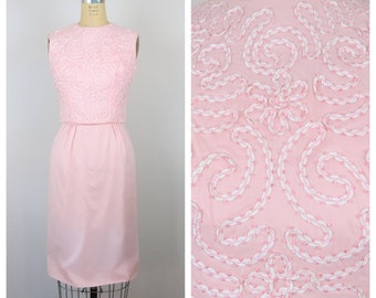 Vintage 1950s wiggle dress set, barbie pink, ribbon, embroidered, silk chiffon