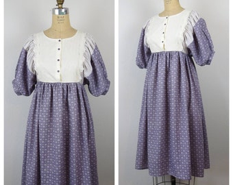 Vintage 1970er Jahre Prärie Kleid Kattun Blumen Cottage Boho Hippie Puffärmel Baumwolle