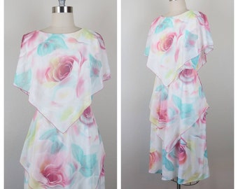 Vintage 1970s, 1980s floral dress, rose print, pastel, party, wedding guest