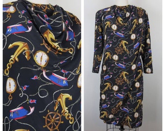 Vintage 1980s silk dress, novelty print, nautical, sailor, size 8