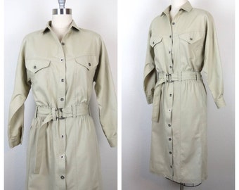 Vintage 1980s cotton shirt dress safari style khaki pockets military academia bat wing sleeve