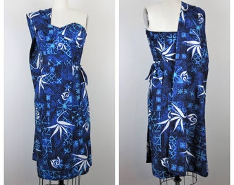 Vintage 1950s Alfred Shaheen dress, Hawaiian print, sarong, sash, cotton, wiggle, party, cocktail, sundress, summer, pinup