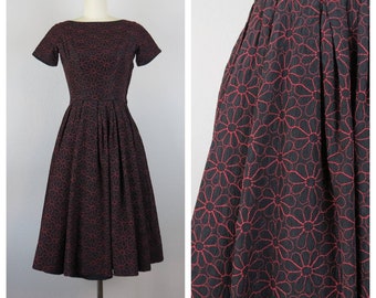 Vintage 1950s party dress, fit and flare, embroidered, floral, quilted, formal