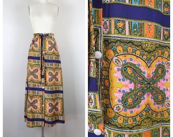 Vintage 1970s maxi skirt, button front, psychedelic, paisley, neon, nwt, nos