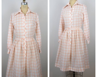 Vintage 1960s shirtwaist dress fit and flare full skirt windowpane plaid, cotton, spring dresses
