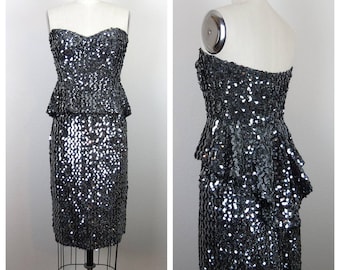 Vintage 1970s cocktail dress sequined 2 piece set skirt and top strapless evening formal Studio 54