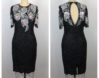 Vintage 1990 vestido de cuentas de seda con lentejuelas fiesta de cóctel de noche Scala floral espalda abierta