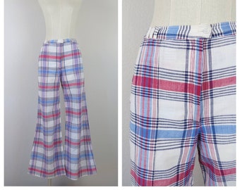 Vintage 1970s bell bottom pants plaid cotton women's trousers madras summer pastel hippy hippie boho