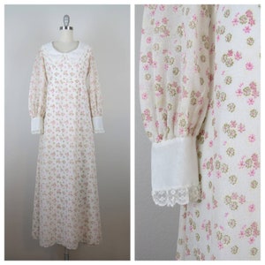 Vintage 1970s maxi length prairie dress, flocked floral, peter pan collar, calico print