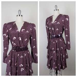Vintage 1980s floral dress, tiered, peplum, wide belt, dressy, rayon, evening